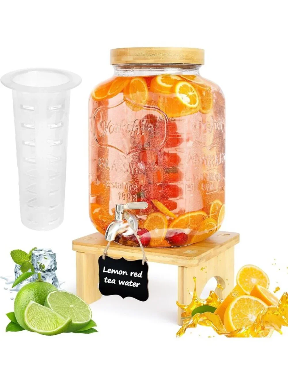 2 Gallon Glass Beverage Dispenser with Wood Stand & Stainless Steel Spigot